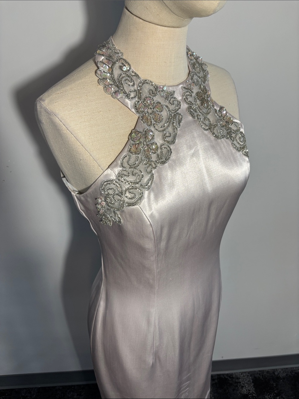 Jessica McClintock Silver Satin Prom Dress with Beaded Collar